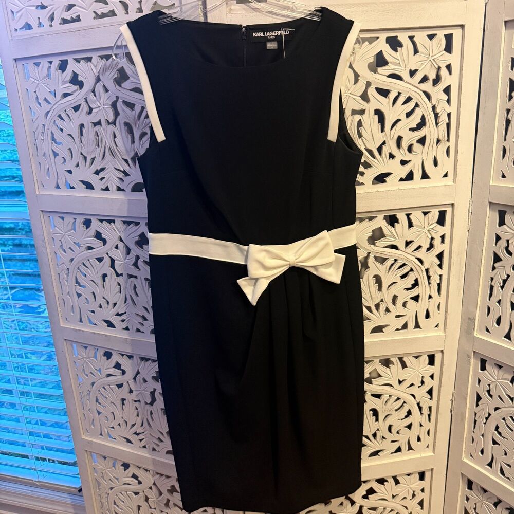 Karl Lagerfeld Paris Scuba Crepe Sheath Dress Size 10 Black and White with bow